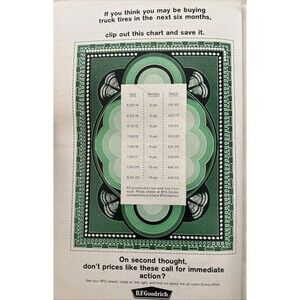 1965 Print Advertisement  B.F. Goodrich Truck Tire Tread Price Guide Original